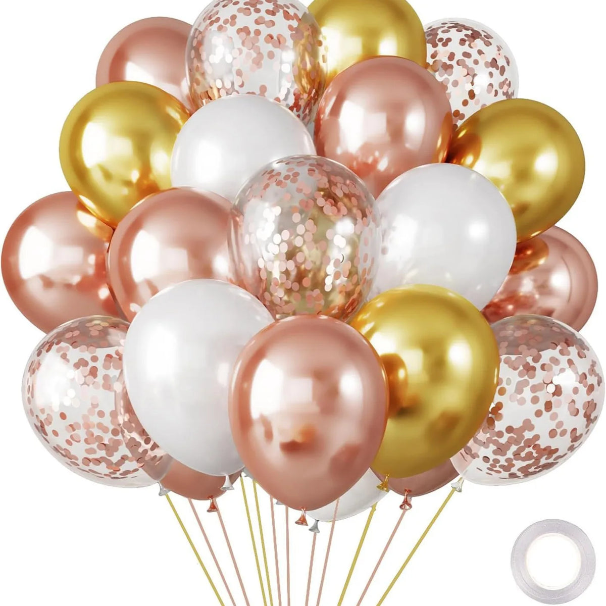 A bouquet of 30 chrome latex balloons in gold, rose gold, and white shades.