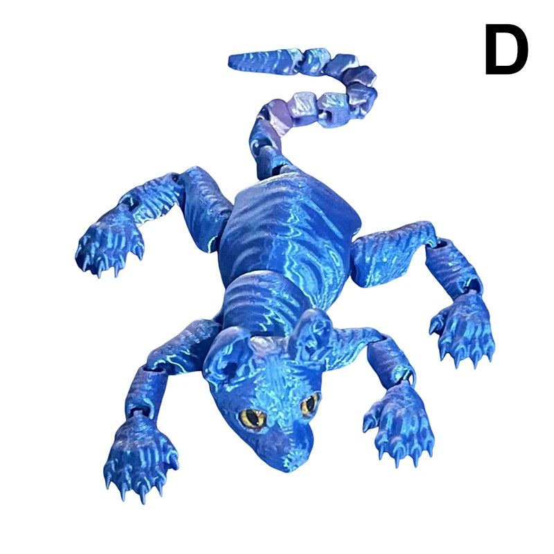 A blue spherical cat figurine fidget toy with raised claws and a serpentine tail.