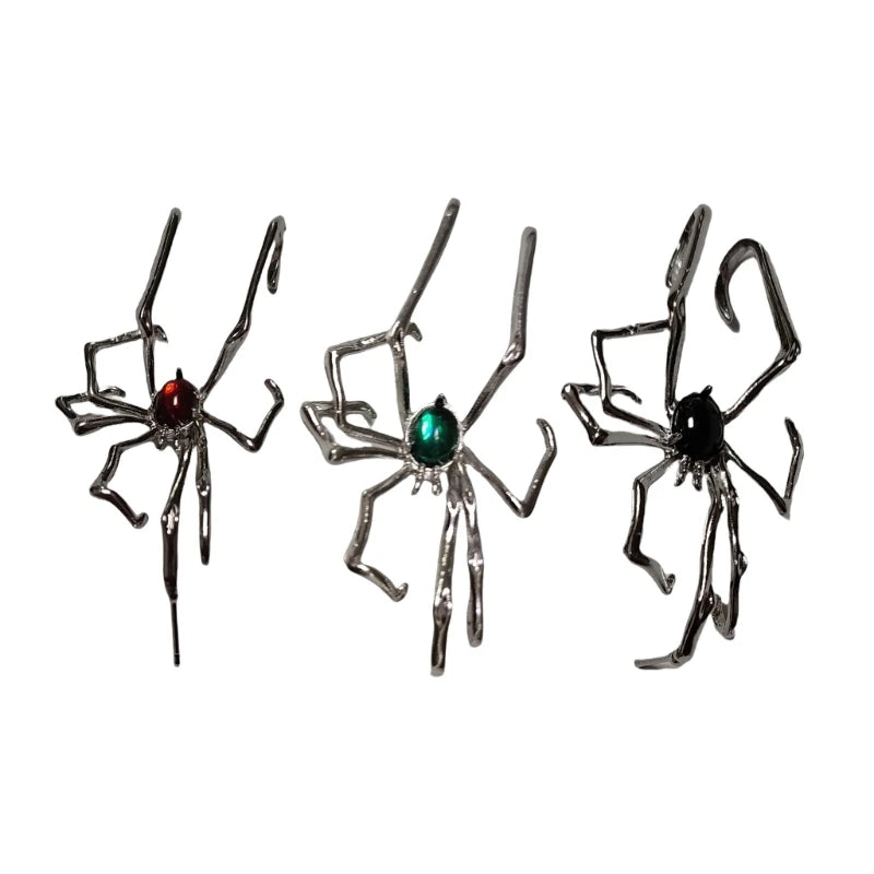 Three silver spider ear cuffs with colored gems for cosplay and fashion