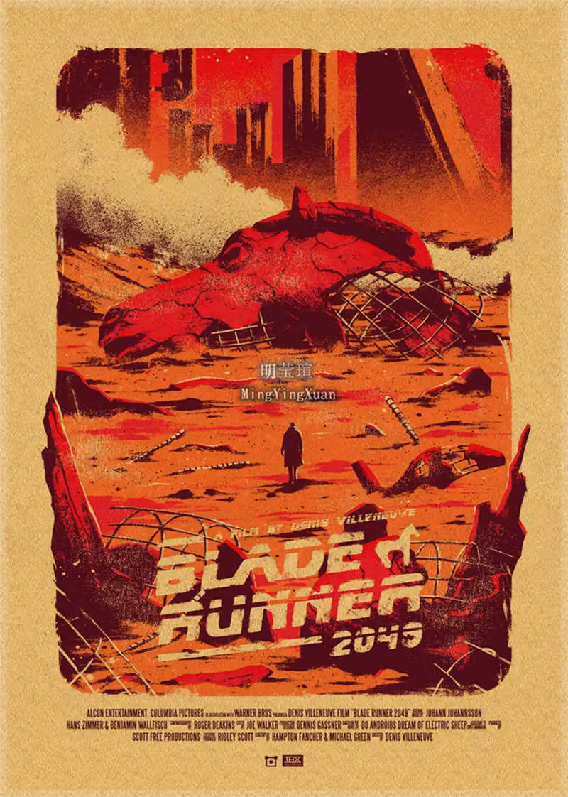 A retro movie poster featuring a red dinosaur silhouette against an orange background, promoting Blade Runner 2049.