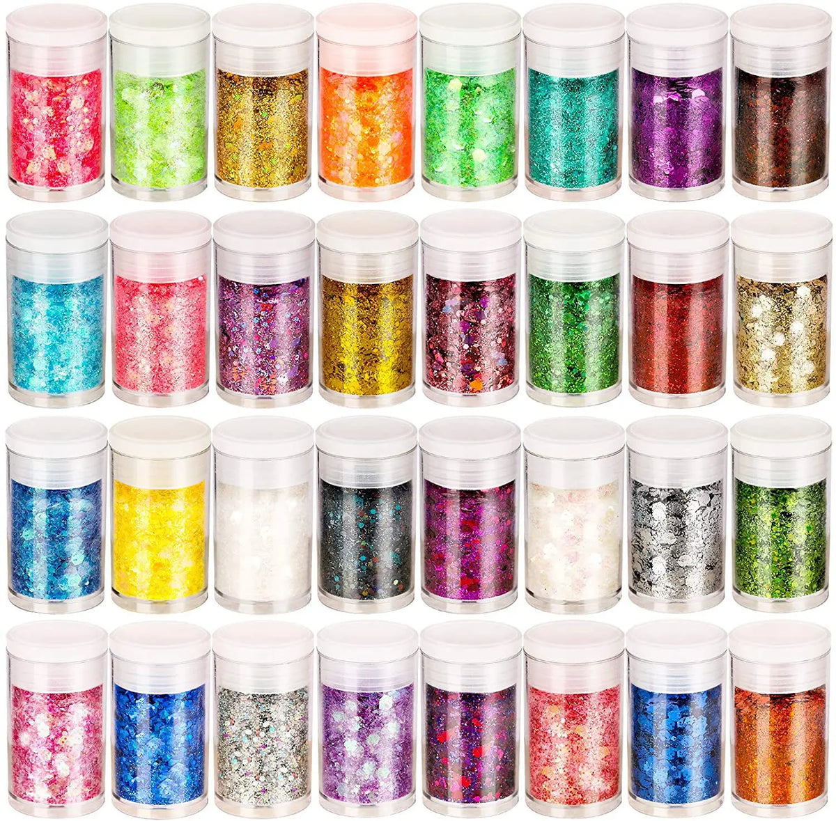 A collection of 32 colorful glitter mixes in small jars for nail art and DIY crafts