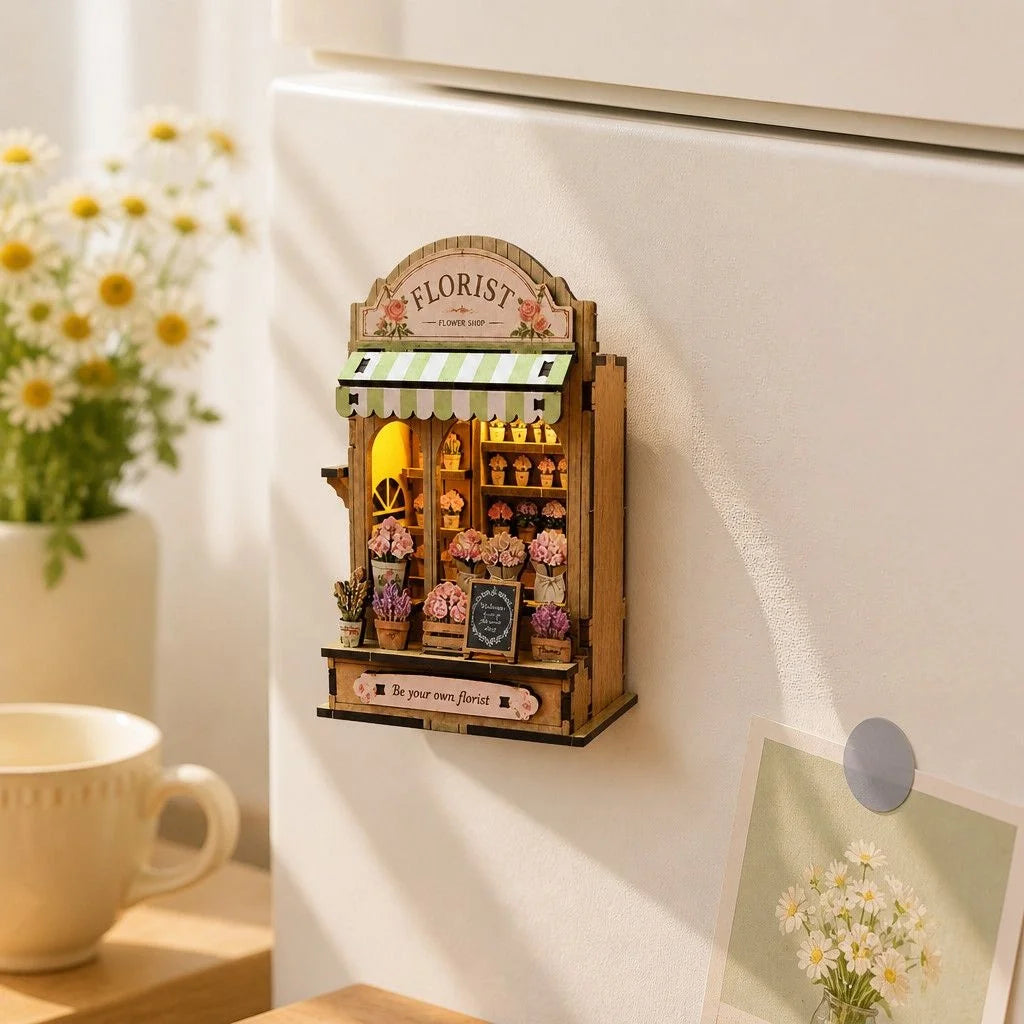 A wooden miniature florist shop display with flowers and an LED light, mounted on a white wall.