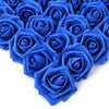 A cluster of deep blue artificial foam rose decorations.