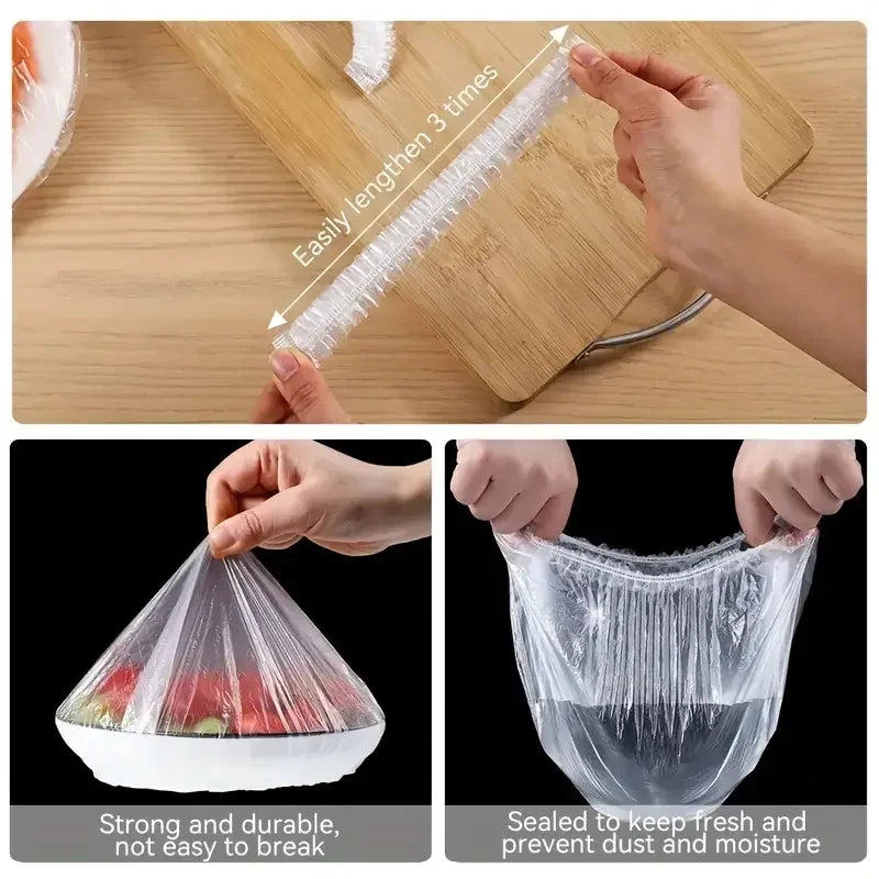 Hands easily lengthen a reusable food storage bag with decorative bows on a wooden cutting board.