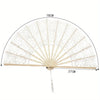Elegant hollowout lace handheld fan with a light beige color shown in a semi-open, radiating pattern.