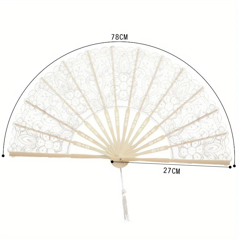 Elegant hollowout lace handheld fan with a light beige color shown in a semi-open, radiating pattern.
