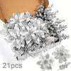 A bouquet of 21 artificial silver frosted berry and flower stems displayed in a cardboard box.