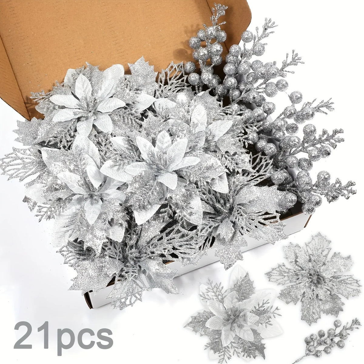 A bouquet of 21 artificial silver frosted berry and flower stems displayed in a cardboard box.