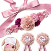 Pink floral maternity sash and corsage pin set with a satin ribbon bow