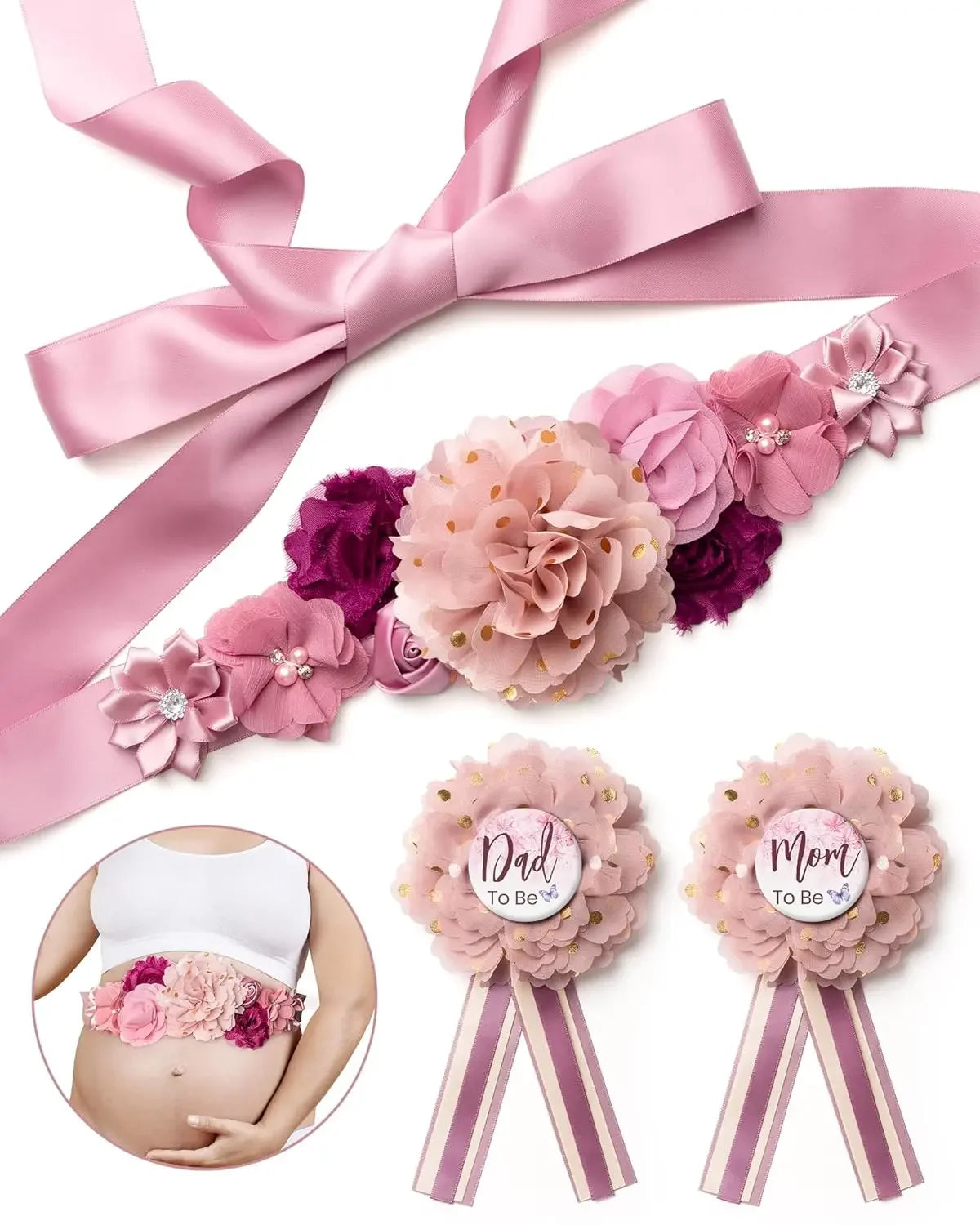 Pink floral maternity sash and corsage pin set with a satin ribbon bow