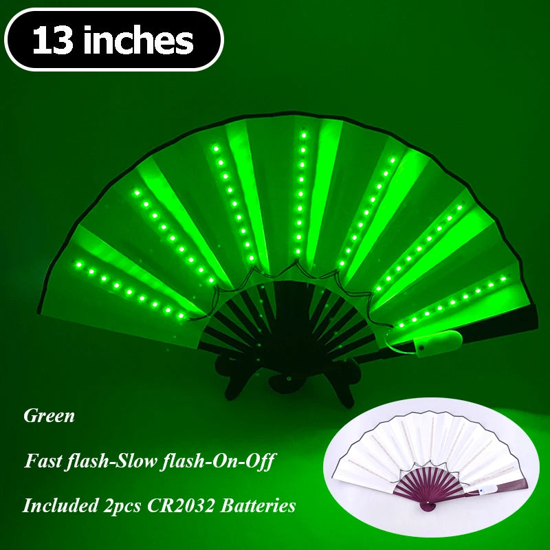 Green multi-mode LED party fan with a pleated design and included batteries