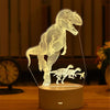 A glowing acrylic silhouette of a dinosaur standing on a base, illuminated by an LED light.