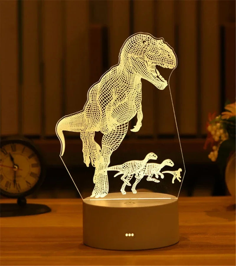 A glowing acrylic silhouette of a dinosaur standing on a base, illuminated by an LED light.