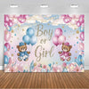 A pink and blue gender reveal backdrop featuring balloons, gold lettering, and teddy bears against a soft sky background.