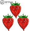 A set of three red strawberry-shaped balloons for a party supplies kit.