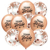 A pack of rose gold latex confetti balloons with a bride theme and gold glitter accents.