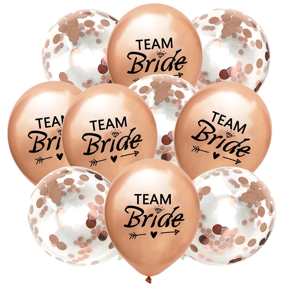 A pack of rose gold latex confetti balloons with a bride theme and gold glitter accents.