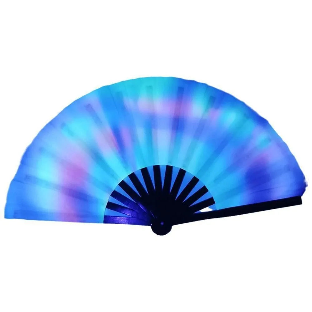 UV fluorescent handheld folding fan with a blue and purple iridescent color pattern