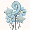 A set of light blue foil balloons shaped like a number nine and flowers for a birthday celebration