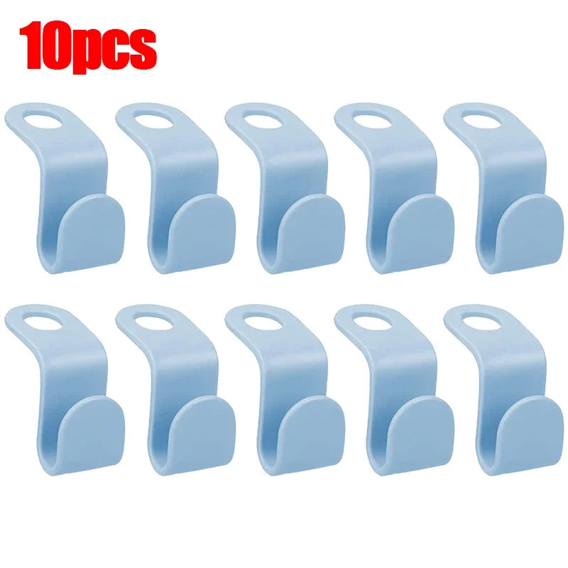 A set of 10 light blue plastic hanger connector hooks for organizing clothes.
