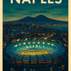 A poster featuring the name Naples and the Estadio Diego Armando Maradona stadium at twilight.