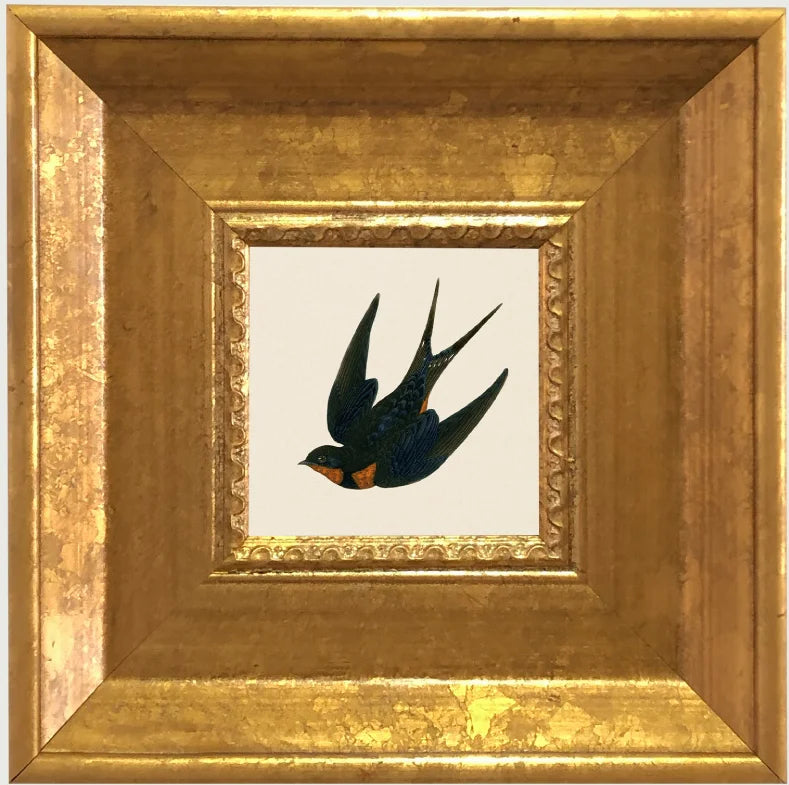 A dark bird silhouette is displayed within an ornate gold photo frame.