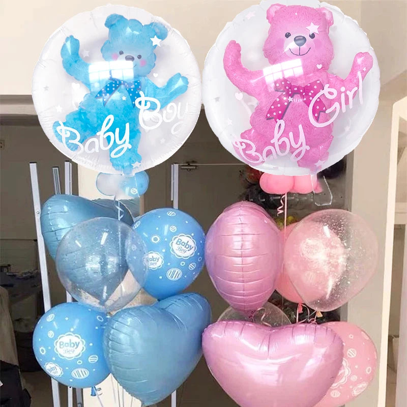 A collection of foil balloons featuring a blue bear and a pink girl, including heart-shaped balloons.