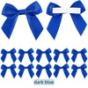 A collection of dark blue satin ribbon bows with white adhesive backing for crafting and gift wrapping.