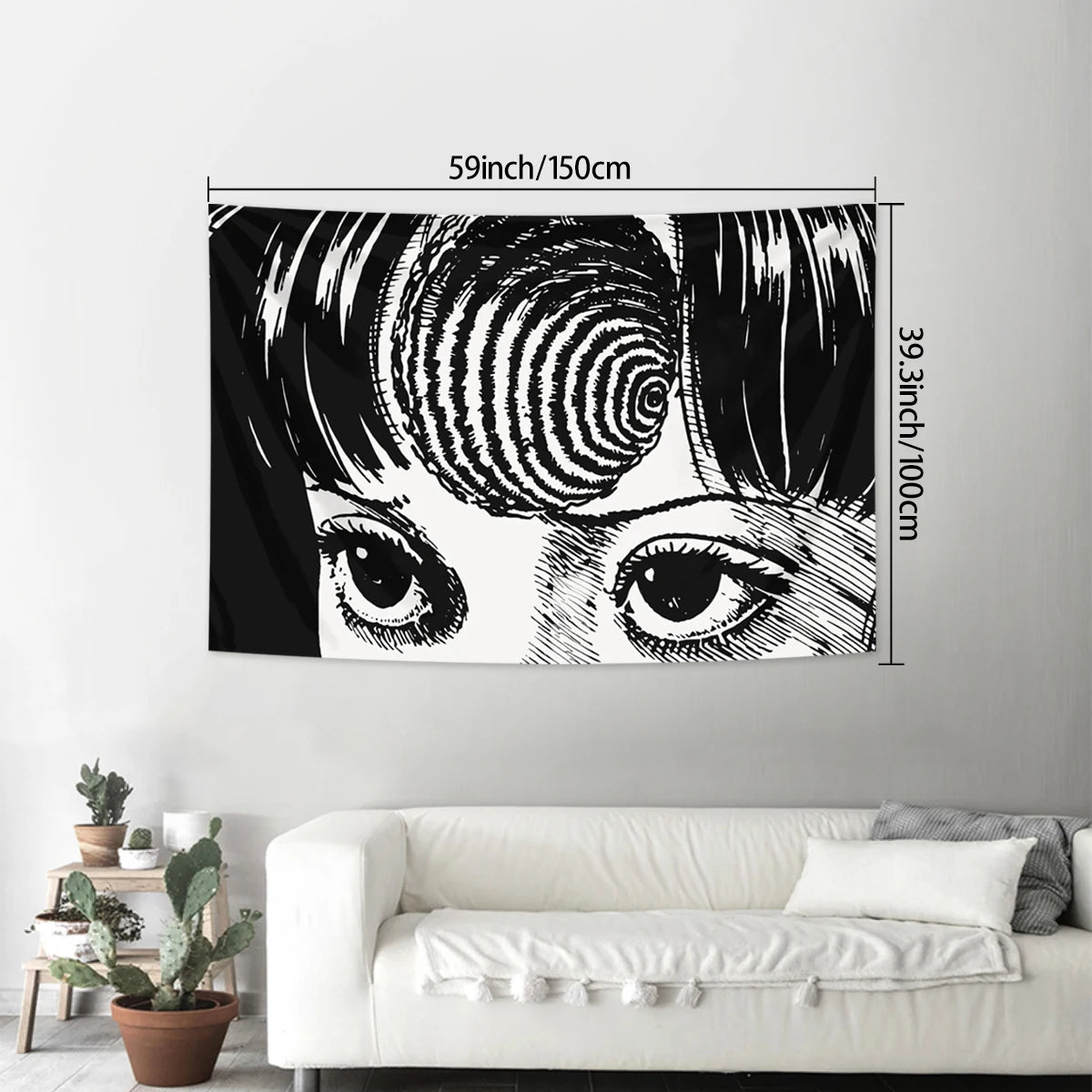 Black and white tapestry wall hanging featuring a close-up of an eye and surrounding hair texture.