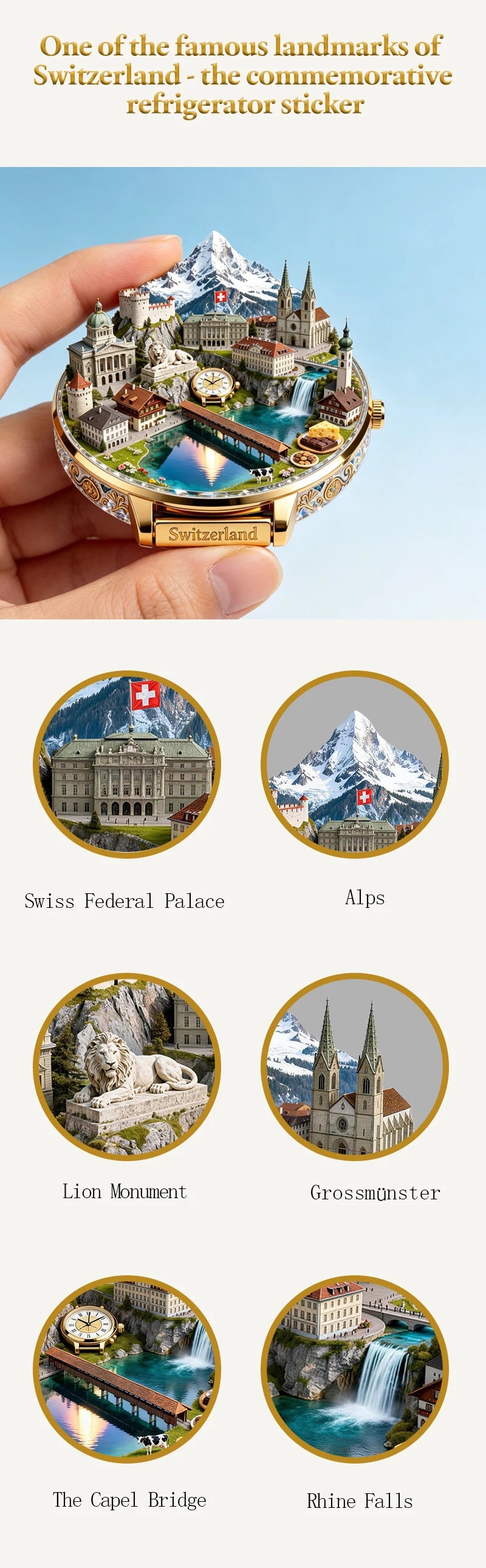 Embossed metal fridge magnet featuring a scenic view of Switzerland, including the Federal Palace, Alps, Lion Monument, Gross