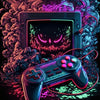 A glowing pink and cyan neon gaming setup featuring a CRT monitor and a controller against a dark, textured background.