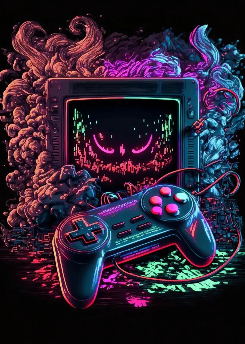 A glowing pink and cyan neon gaming setup featuring a CRT monitor and a controller against a dark, textured background.