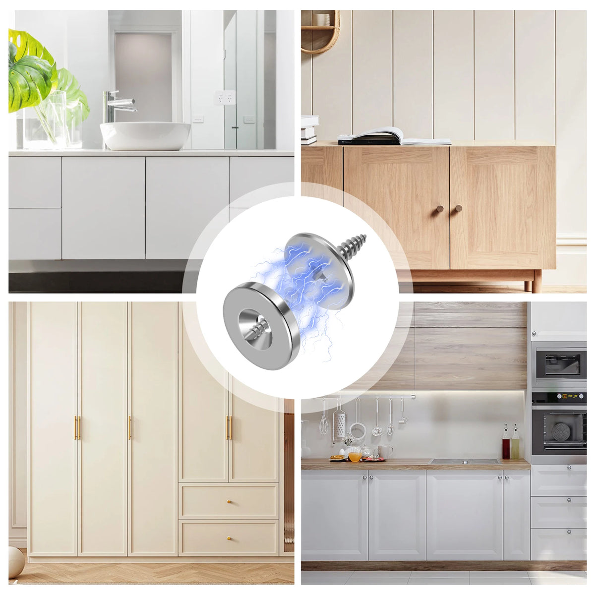 A collection of heavy duty metal cabinet door magnetic closers shown in various contexts and angles.