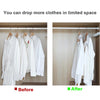 Before and after comparison showing how more clothes can be dropped in limited space using cascading hanger connectors.