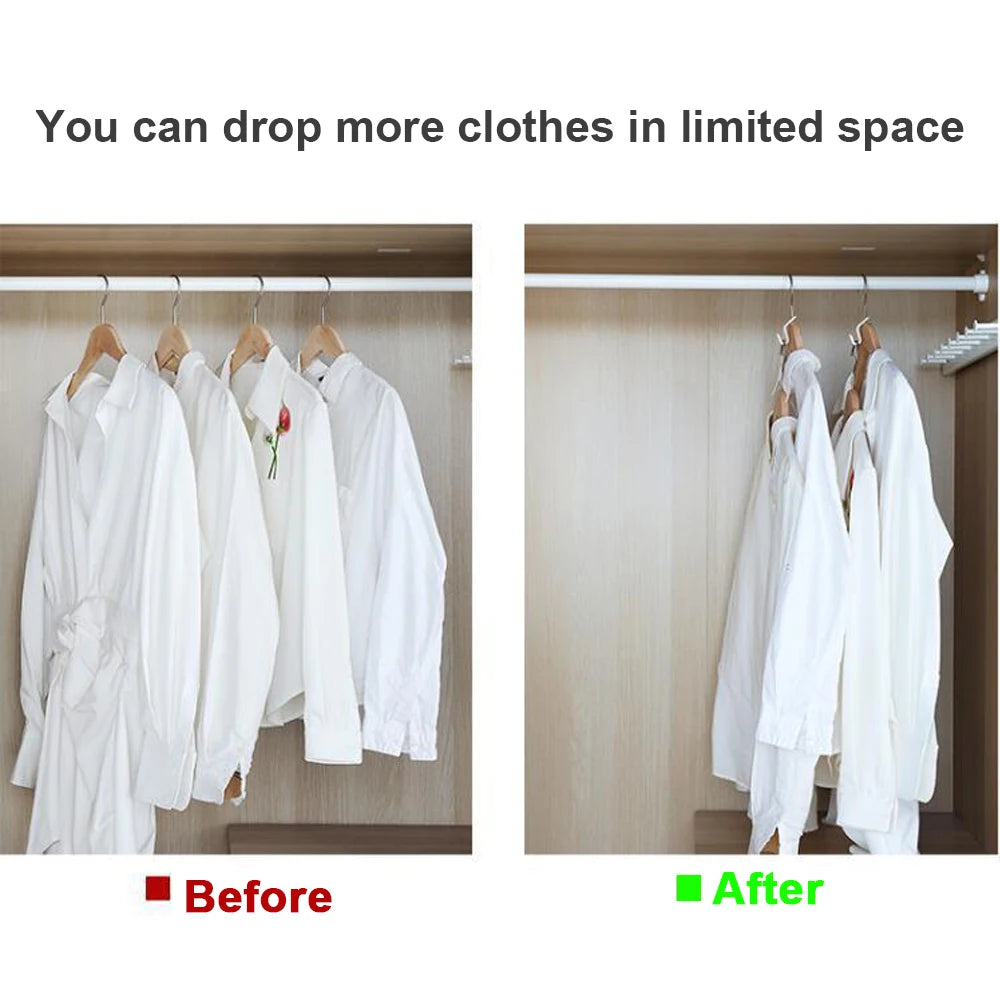 Before and after comparison showing how more clothes can be dropped in limited space using cascading hanger connectors.