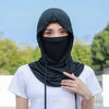A woman wearing a black breathable UV protection balaclava face mask and long neck cover over a white t-shirt.