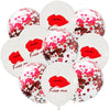 A pack of ten latex confetti balloons in white with red lips and rose gold accents.
