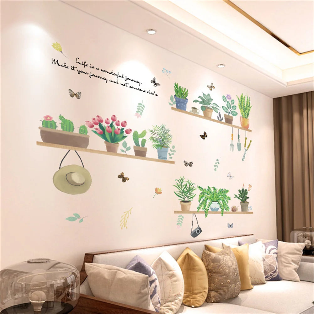 Wall stickers featuring cute roses and greenery arranged on wooden shelves in a modern interior.