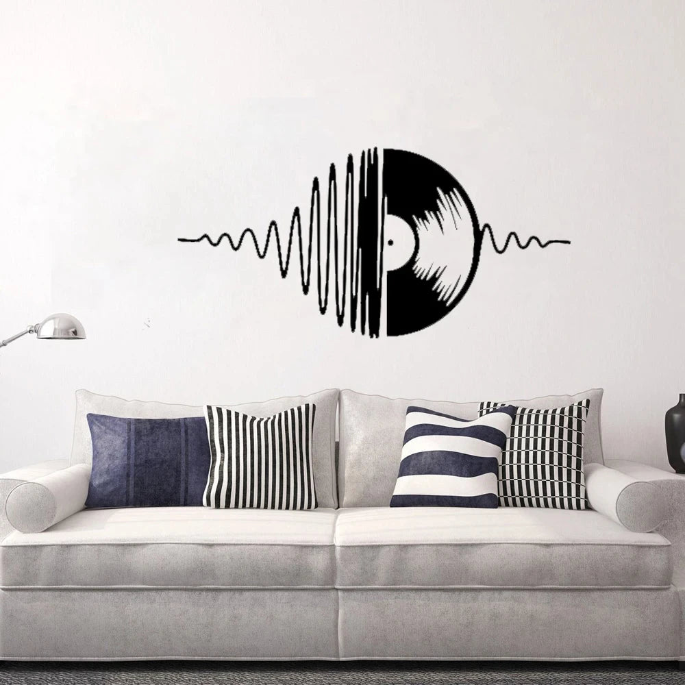 Black and white sound wave graphic featuring a vinyl record on a white wall for kids room decor