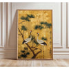 Vintage Japandi Tiger Cat canvas wall art featuring a painting of a crane against a golden background.