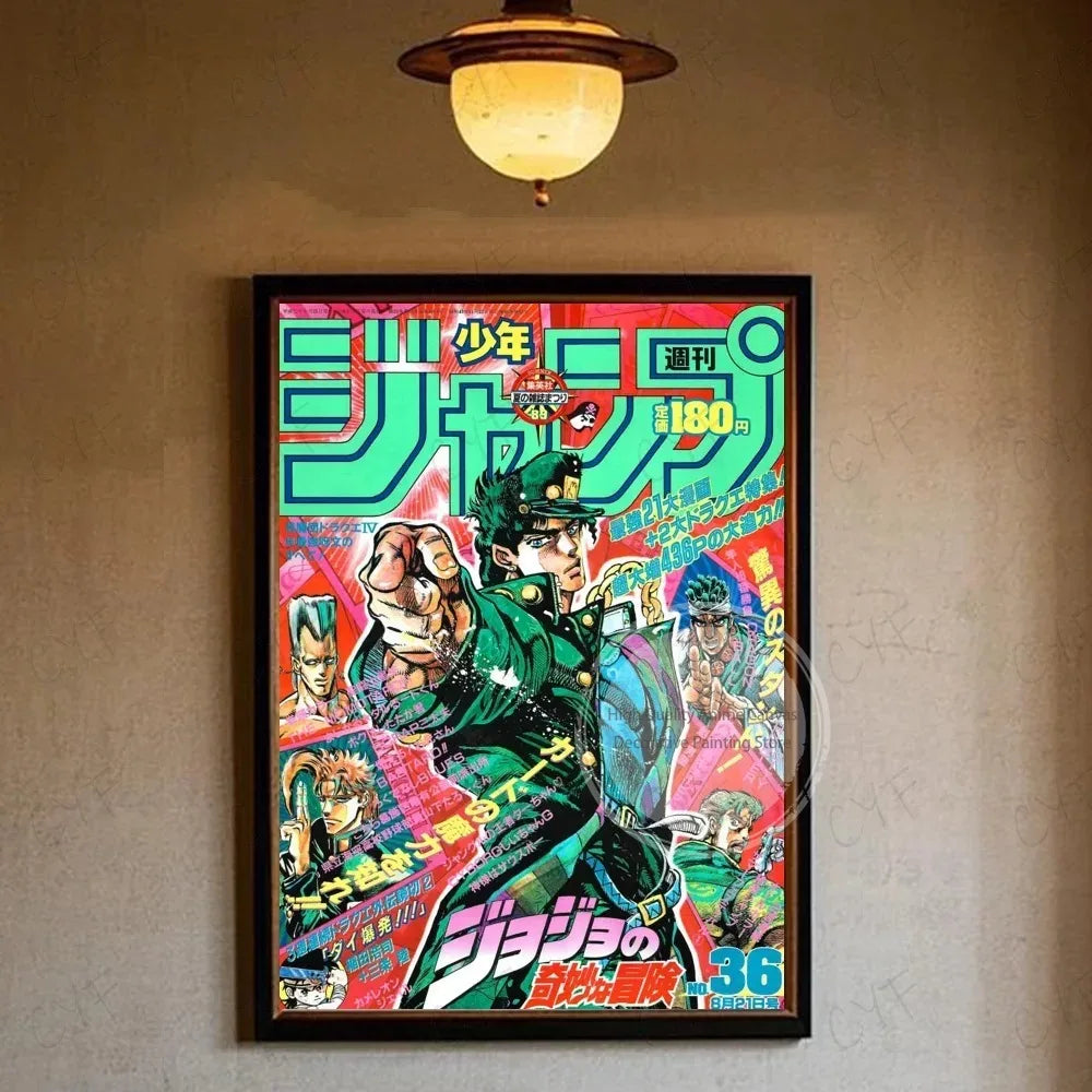 A vibrant anime poster featuring characters from JoJo's Bizarre Adventure in a vertical format.