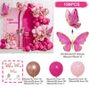 A pink latex balloon set featuring a floral arch and various sized balloons with ribbons for birthday celebrations.