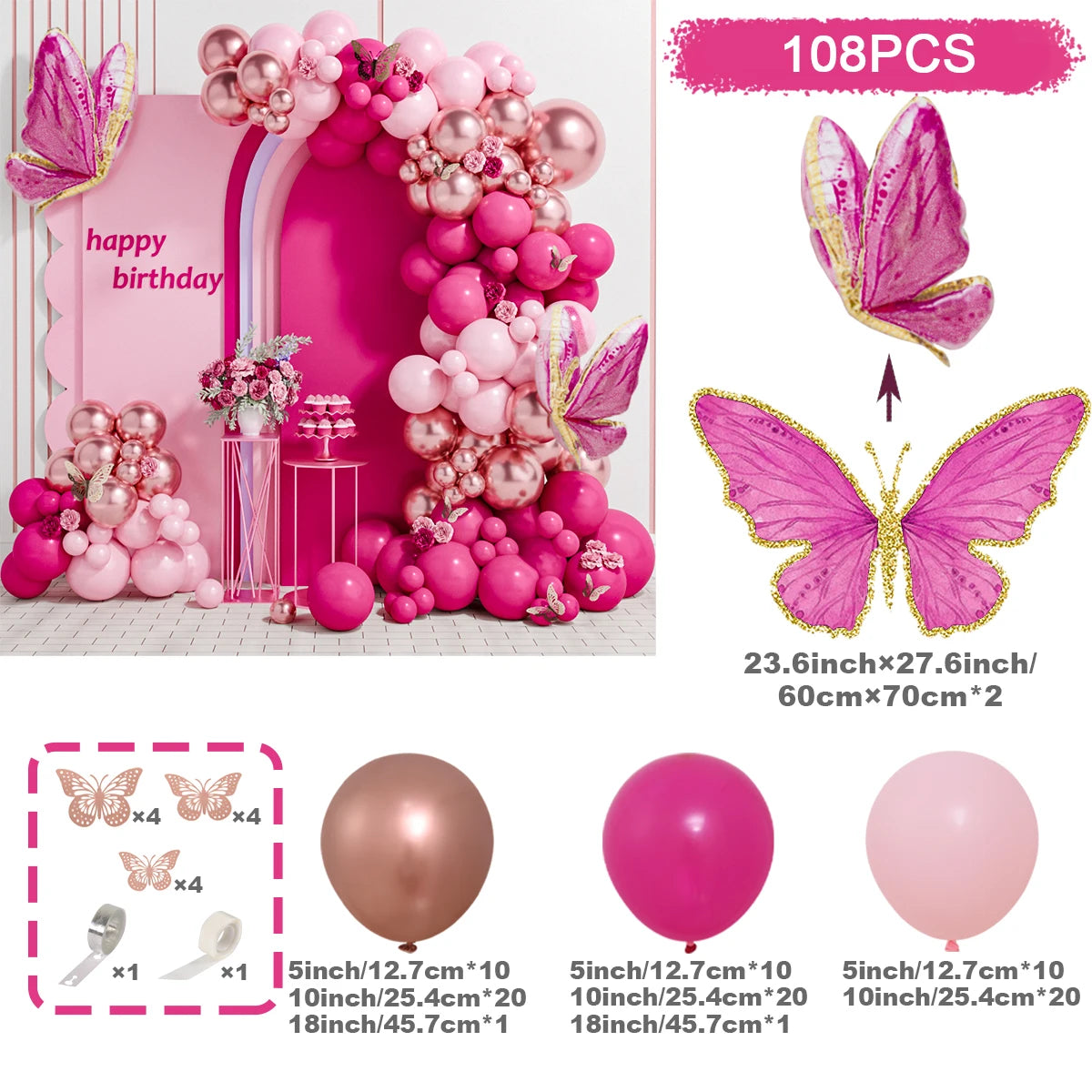 A pink latex balloon set featuring a floral arch and various sized balloons with ribbons for birthday celebrations.