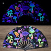 A folding fan featuring colorful, fluorescent mushrooms and floral patterns.