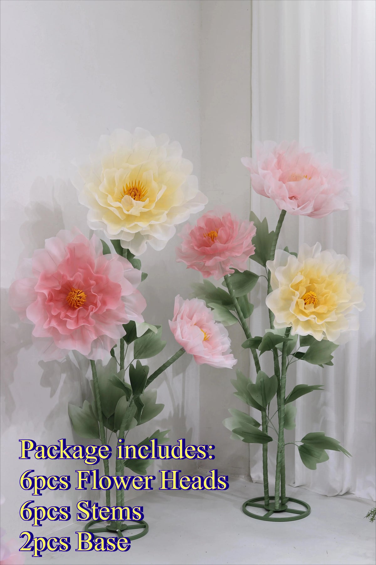 A package of artificial silk flowers includes 6 flower heads, 6 stems, and 2 bases displayed against a white background.