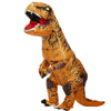 An inflatable adult Tyrannosaurus Rex costume in orange and yellow with black markings.