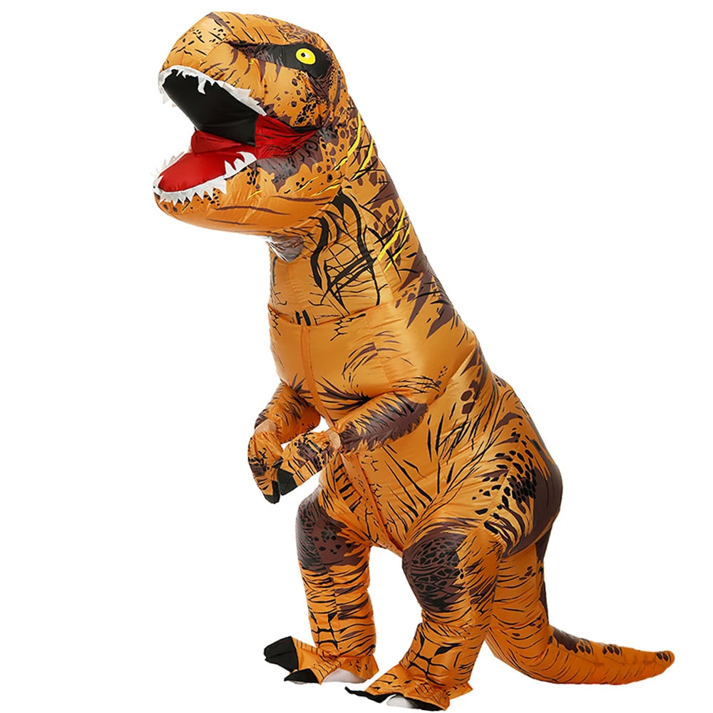 An inflatable adult Tyrannosaurus Rex costume in orange and yellow with black markings.