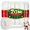 A festive Christmas tinsel garland ribbon in gold and red is displayed against a white fluffy background.
