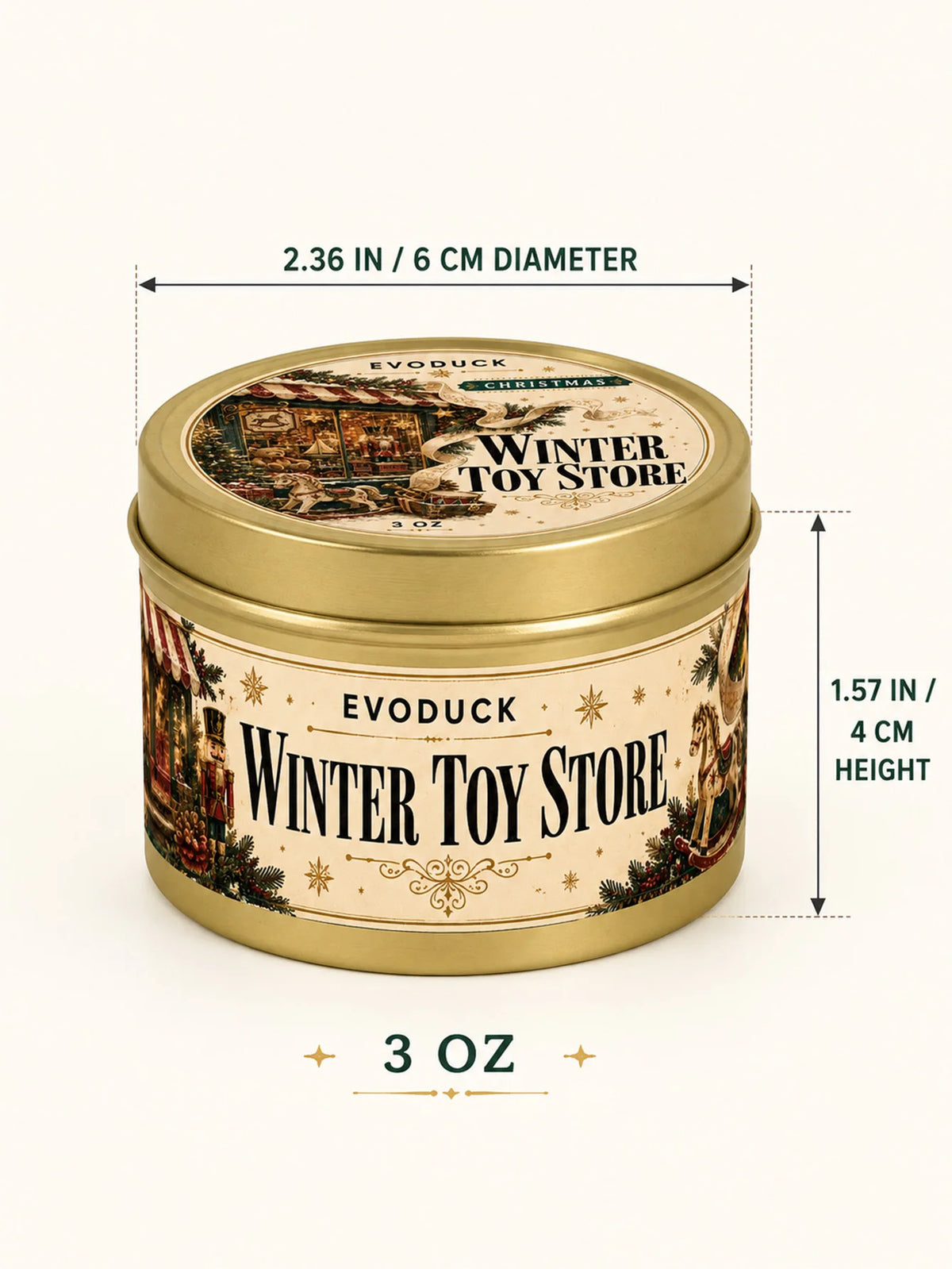 A gold tin candle in a travel container featuring a winter toy store design and seasonal imagery.