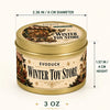 A gold tin candle labeled Winter Toy Store featuring a winter scene and seasonal imagery.